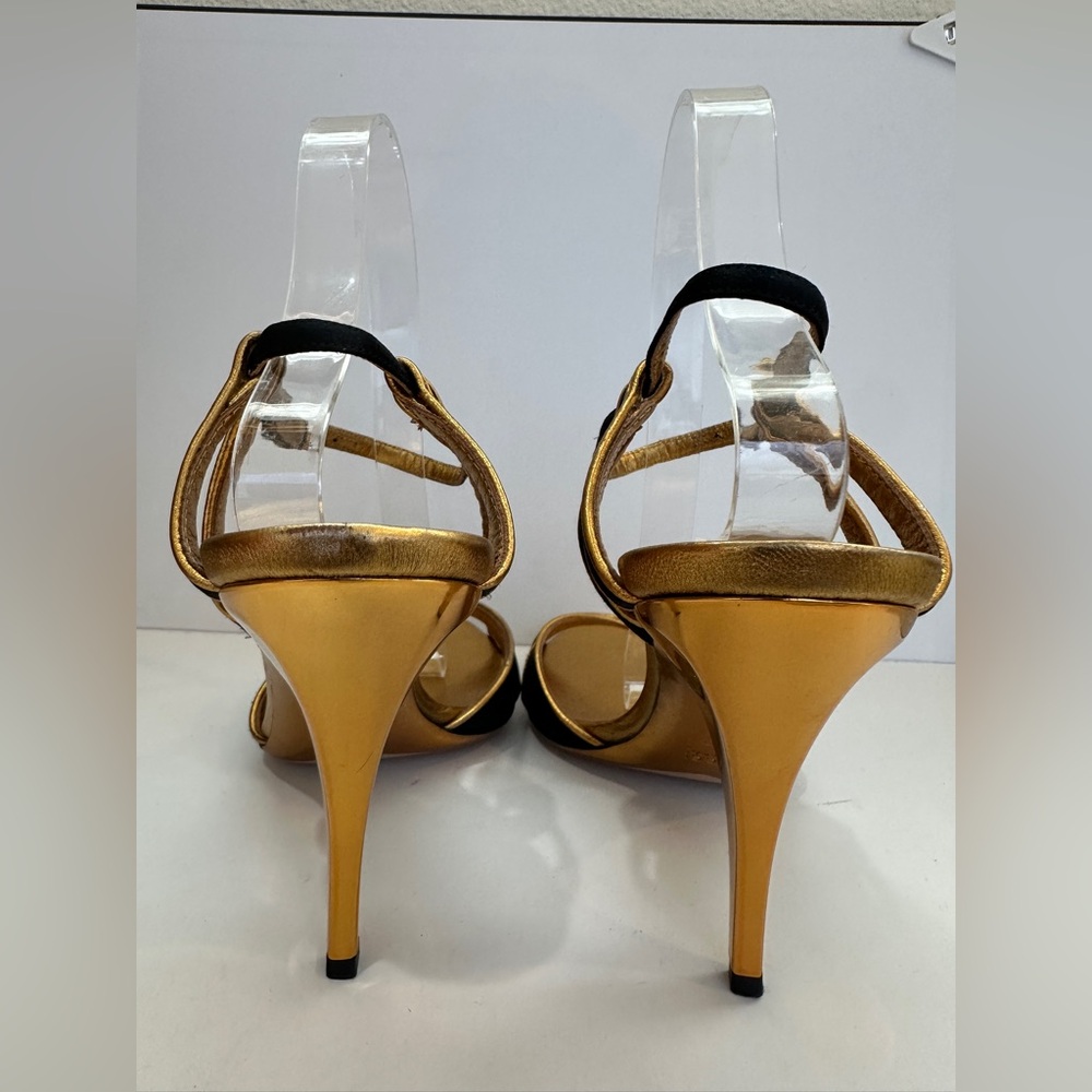 Gucci Bee Satin Heels Black Gold Strappy Sandals Ankle Strap Pumps Sz 9.5 - Picture 8 of 13